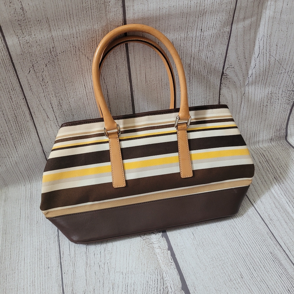 Coach Leather Canvas Striped Brown Yellow & Tan Satchel Bag